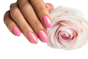 Close up of a woman's hand with pink nails beside a delicate rose