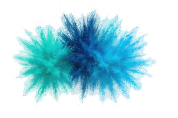 Blue and teal color powder exploding splash forming vibrant abstract cloud with transparent background