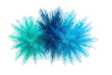 Blue and teal color powder exploding splash forming vibrant abstract cloud with transparent background