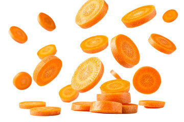 Falling fresh orange carrot slices vegetable healthy food, cut out transparent