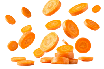 Falling fresh orange carrot slices vegetable healthy food, cut out transparent