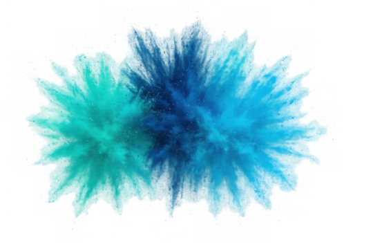 Blue and teal color powder exploding splash forming vibrant abstract cloud with transparent background