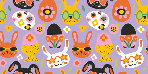 Seamless vector pattern with white rabbit, colorful bunnies, bunny heads, Easter eggs and flowers. Hand drawn cute Easter bunny pattern. Perfect for textile, wallpaper or nursery print design.