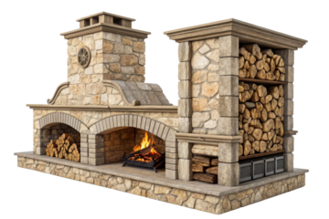 Stone Outdoor Fireplace with Wood Storage and Burning Fire