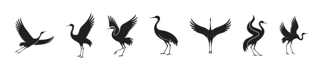 Obraz premium Crane bird silhouettes collection, elegant heron poses, flying and standing birds, wildlife illustration, nature animal design, graceful bird vector art, black silhouette