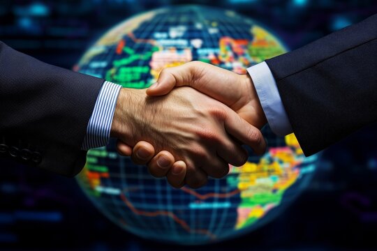 Handshake between businessmen with global stock market graph and network connections in the background