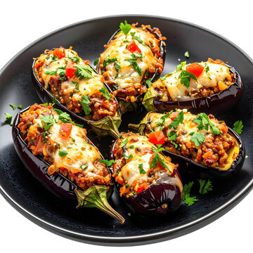 Makdous, syrian stuffed eggplants in olive oil, presented on a dark plate with walnuts and pepper, isolated on a white background