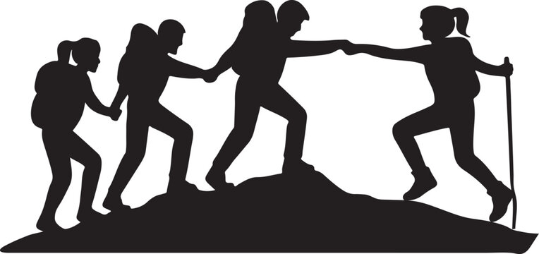  Four hikers supporting each other on a hilltop black silhouette vector