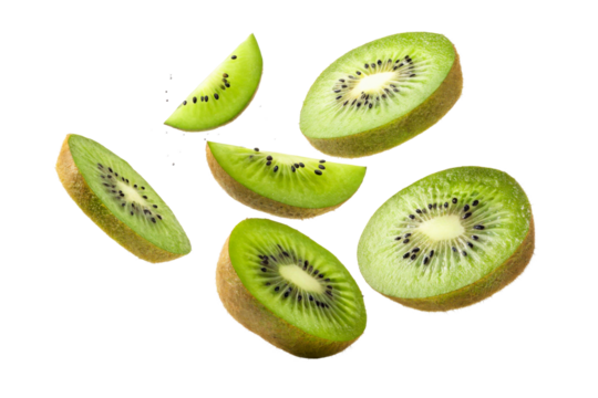 Fresh kiwi slices falling with seeds against white