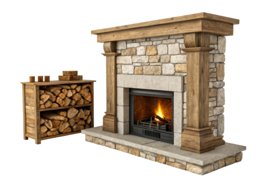 Stone and Wood Fireplace with Stacked Logs