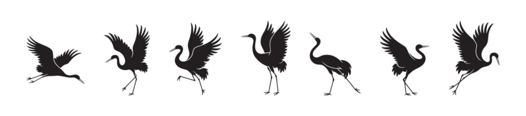 Obraz premium Crane bird silhouettes collection, elegant heron poses, flying and standing birds, wildlife illustration, nature animal design, graceful bird vector art, black silhouette