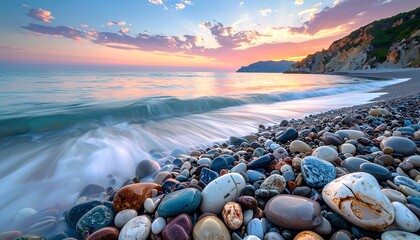 Colorful pebbles on the beach at sunset with ocean waves.
