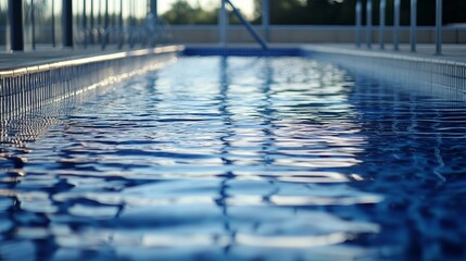 Close-up of rippled water in a pool,  bordered by tiles and glass