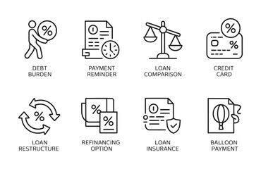 Debt, finance and loan service line icon collection