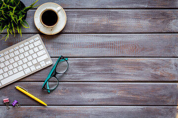 Workspace on top view with keyboard and cup of coffee. Ed
ucation online. Home office.