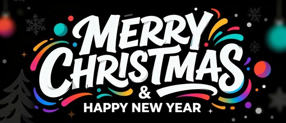 Festive Greeting With 'Merry Christmas & Happy New Year' Text Surrounded by Colorful Decorative Elements on Black Background, Holiday Cards, Social Media, Banner, Celebration, Font