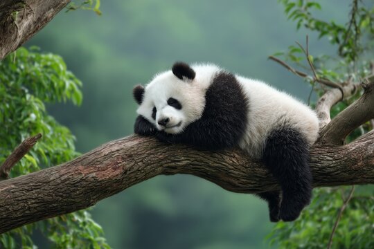 Panda relaxing on a tree branch in the wild habitat  - Powered by Adobe