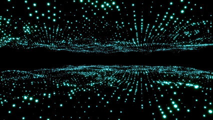 3D rendering of a glowing blue network connected with dots on a background.