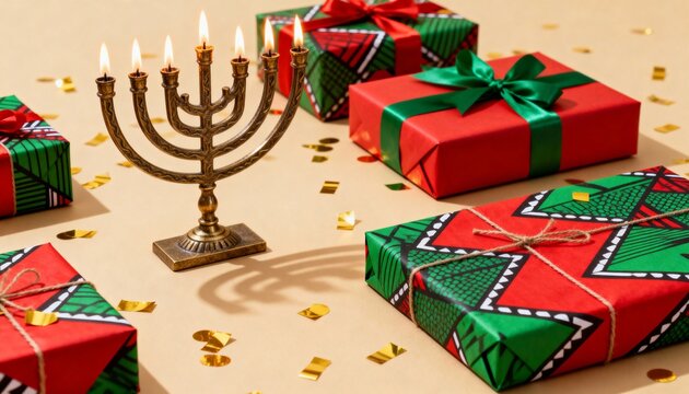 A lit Kinara with gifts for a Kwanzaa celebration. African-American holiday tradition with festive decorations and confetti on a beige background