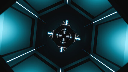 3D illustration of a glowing neon tunnel with reflective hexagons