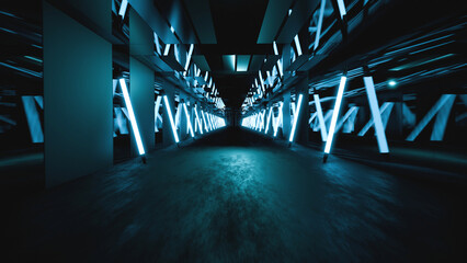 3D illustration of a glowing neon tunnel decorated with reflective surfaces