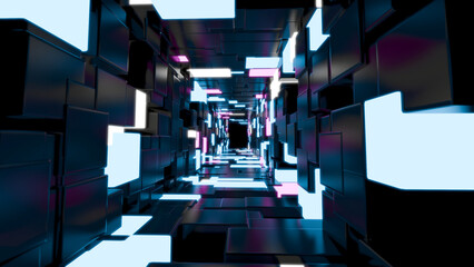 3D rendering of glowing blue cube tunnel.