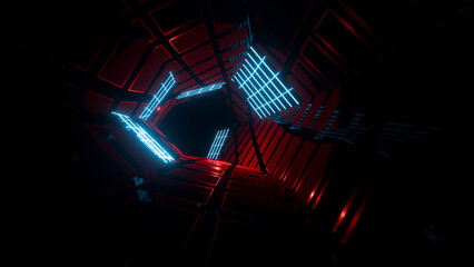 3D rendering of a futuristic neon tunnel with glowing lights