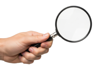 Hand holding magnifying glass transparent background cutout png