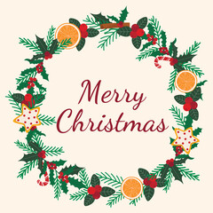Merry Christmas round wreath with berries, leaves, holly. Festive round natural border with inscription. Greeting frame vector illustration. Decorative traditional frame