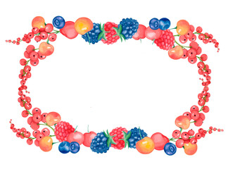 Watercolor oval summer berry frame with cherries, raspberries, blueberries, blackberries, red currants. Botanical rustic fruit border for food packaging, labels, invitations, cards or seasonal design.