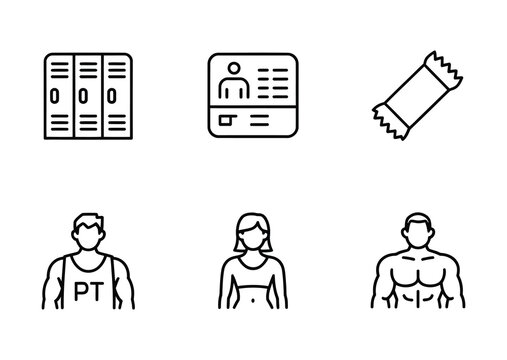 Gym locker, personal trainer and membership line icon set