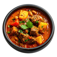 Yemeni saltah, a traditional meat stew in a stone pot with a frothy holba topping, served with bread and isolated on a white background