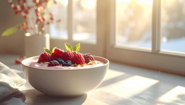 Bowl of yogurt topped with fresh berries and mint leaves sits on sunlit table, creating refreshing and healthy breakfast scene - Powered by Adobe