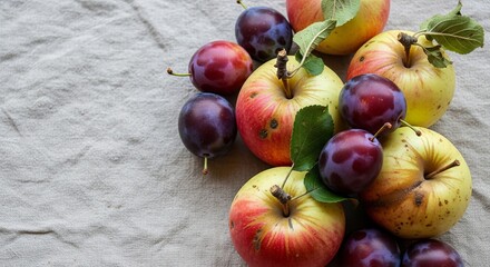 Fresh apples and plums on textured fabric background  