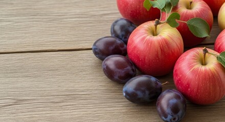 Fresh red apples and purple plums on wooden table background  