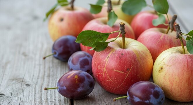 Fresh red apples and plums on wooden table with green leaves