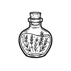 HandDrawn Potion Bottle with Herbs and Cork Stopper.