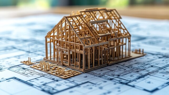 Miniature wooden house frame on architectural blueprints