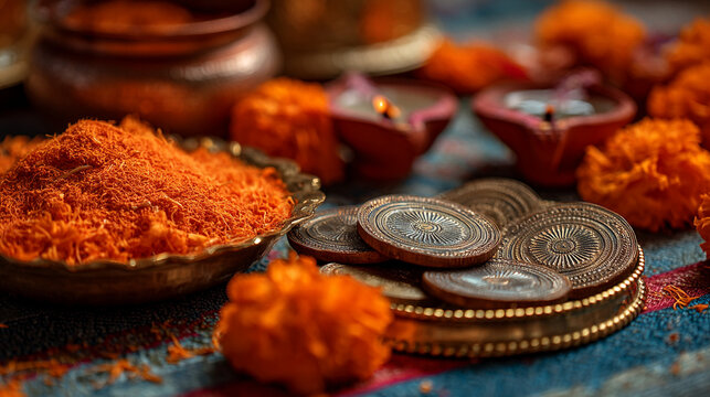 A diwali celebration with diyas, orange powder, coins, and marigold flowers on a cloth