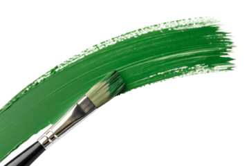 Green paint stroke with paintbrush on white background