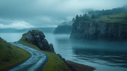 Misty coastal road, dramatic cliffs