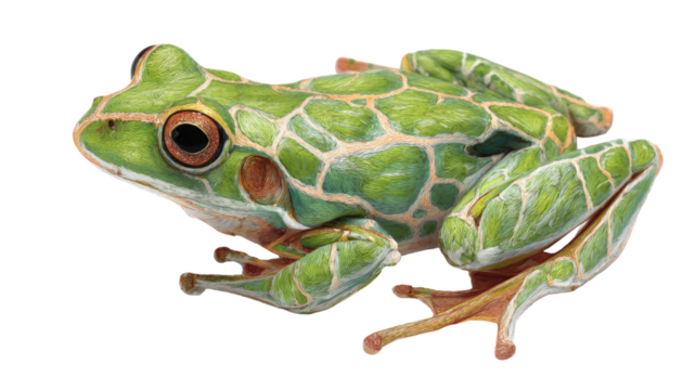 Cute green tree frog closeup, an amphibian on a leaf, with an isolated white background for macro wildlife nature photography