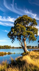 Obraz premium A tranquil lakeside scene with a solitary tree under a swirling blue sky