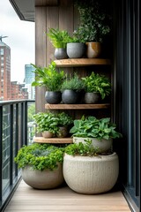 Lush greenery cascades from pots on shelves, creating a vertical garden oasis on a wooden balcony overlooking distant buildings.