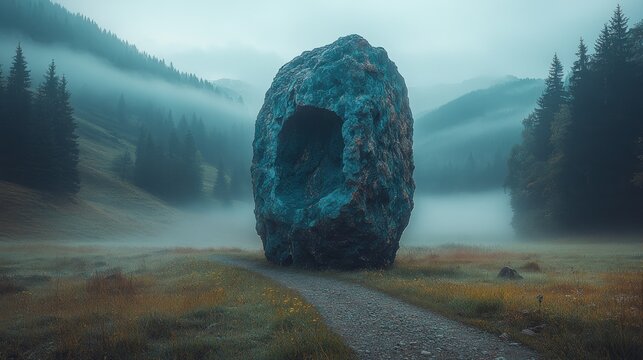 Misty landscape with large rock (1) - Powered by Adobe
