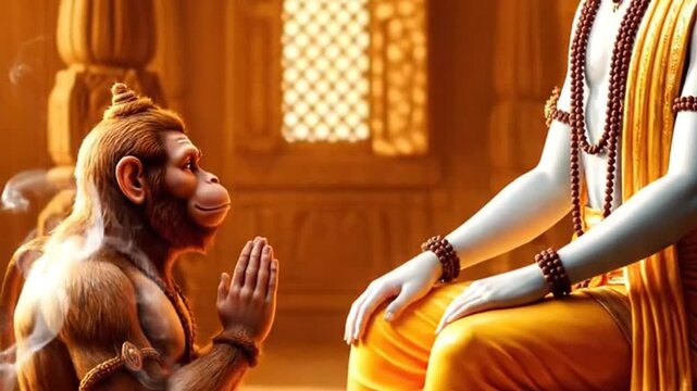 Hanuman bowing to Lord Rama in a traditional Indian setting.