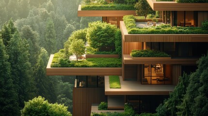 Naklejka premium Modern building with abundant green terraces and lush vegetation on forest background.