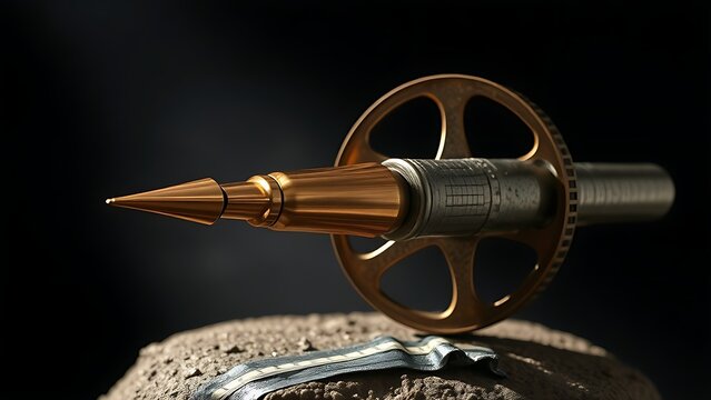 reel. Bronze sculpture of a quill pen merging with a film reel, showcasing textured metal under studio lighting. event programs.