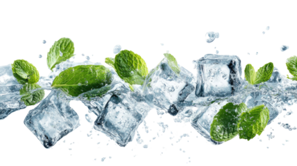 Fresh green mint leaf with abstract water splash and clear ice cubes