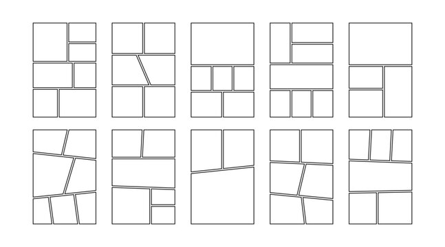 Comic book panels set. Manga collage blank template. Storyboard layout panel. Empty page line frame for photo collage. Comic book board mockup. Vector illustration isolated on white background.